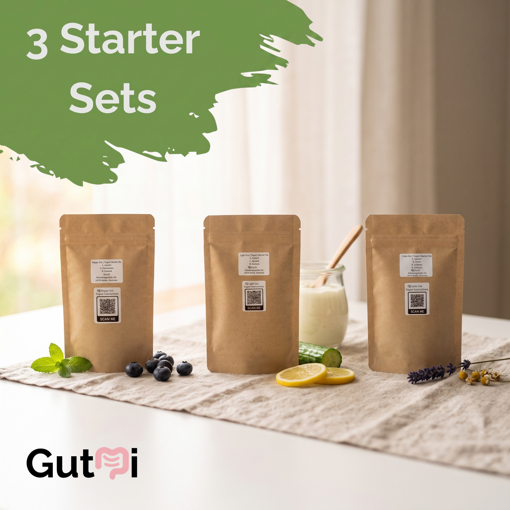 GutMi | L. reuteri + încă 6 tulpini (7 în total) | Include toate speciile pierdute | 3 seturi de culturi starter pentru iaurt | Pachet de seturi starter | Culturi starter | 9 culturi starter pentru iaurt